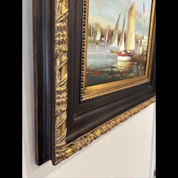 Oil on Canvas Painting Signed J.Norton Seascape Dock Framed Matted 26”x 21” - Picture 6 of 11
